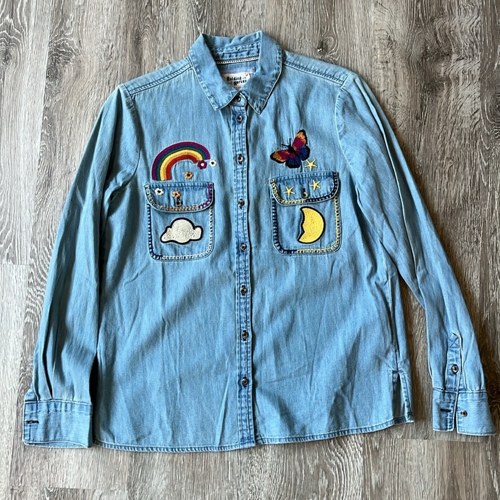 Anthropologie Holding Horses Patched Up Button-Down Denim Shirt